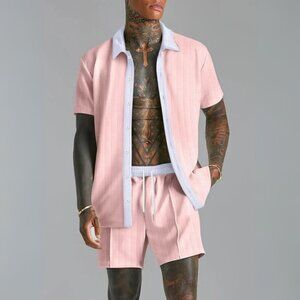 Men's Blush Pink w/ White Contrast Collared Neck Short Sleeve Top &Shorts Outfit
